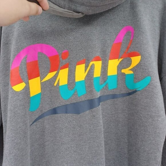 Pink VS Rainbow Spellout Funnel Neck Sweatshirt Gray Boxy Preppy Lounge Wear S - Picture 3 of 7